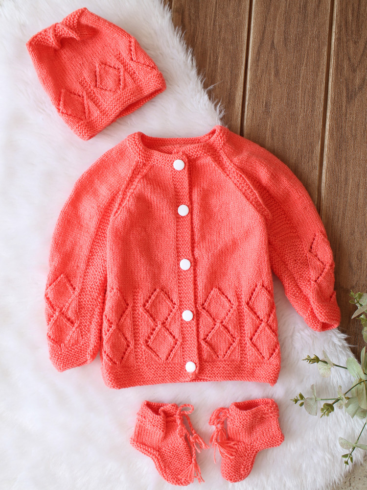 Image of Woonie Handknitted Full Sleeves Self Design Cardigan with Cap &amp; Socks - Coral