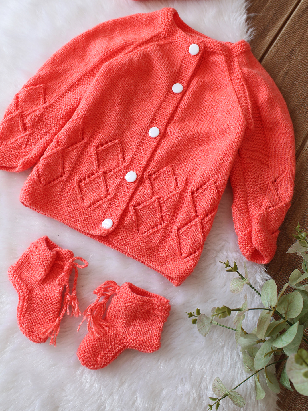 Woonie Handknitted Full Sleeves Self Design Cardigan with Cap & Socks - Coral