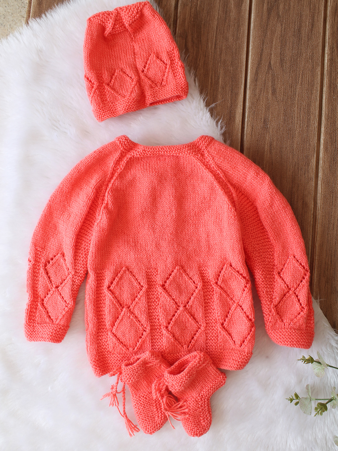 Woonie Handknitted Full Sleeves Self Design Cardigan with Cap & Socks - Coral