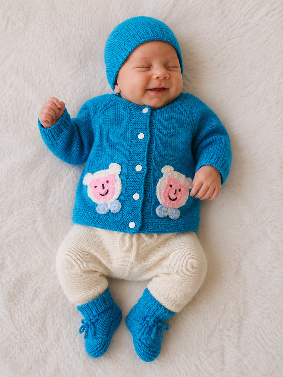 Woonie Handknitted Full Sleeves Bear Face Applique Cardigan with Cap & Socks - Blue