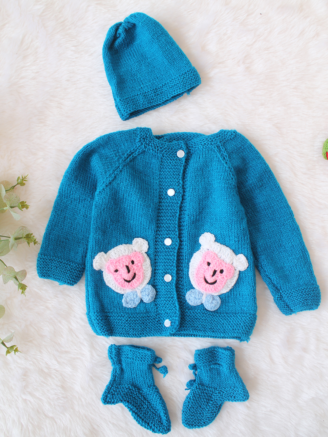 Woonie Handknitted Full Sleeves Bear Face Applique Cardigan with Cap & Socks - Blue