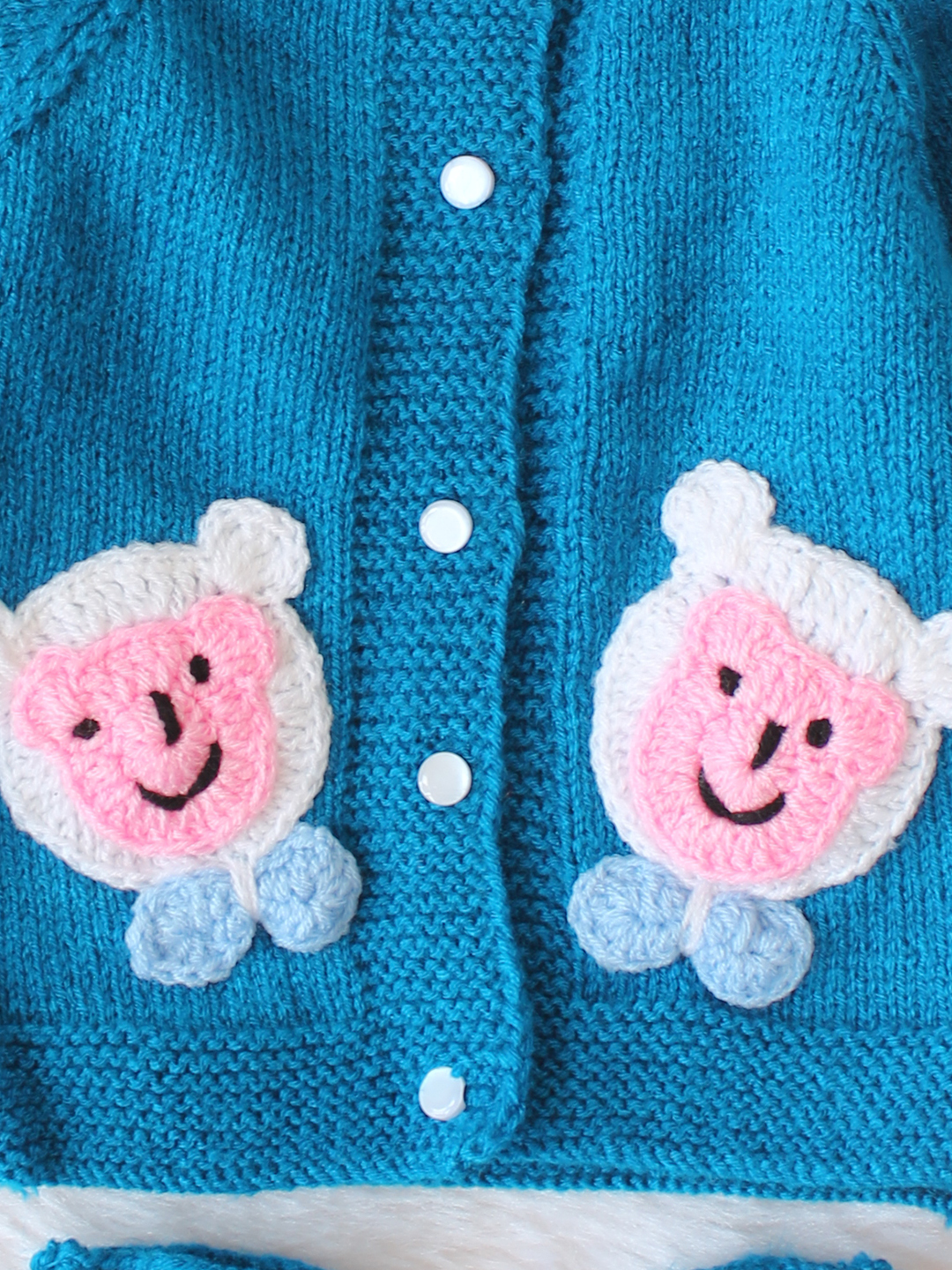 Woonie Handknitted Full Sleeves Bear Face Applique Cardigan with Cap & Socks - Blue