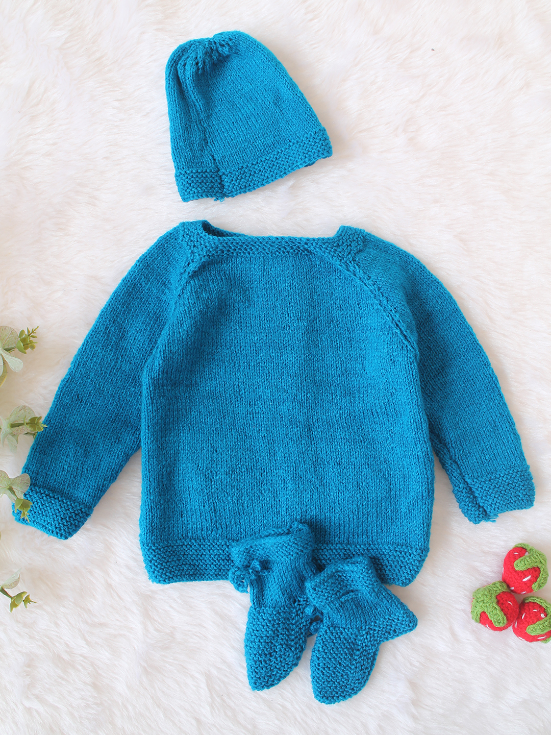 Woonie Handknitted Full Sleeves Bear Face Applique Cardigan with Cap & Socks - Blue