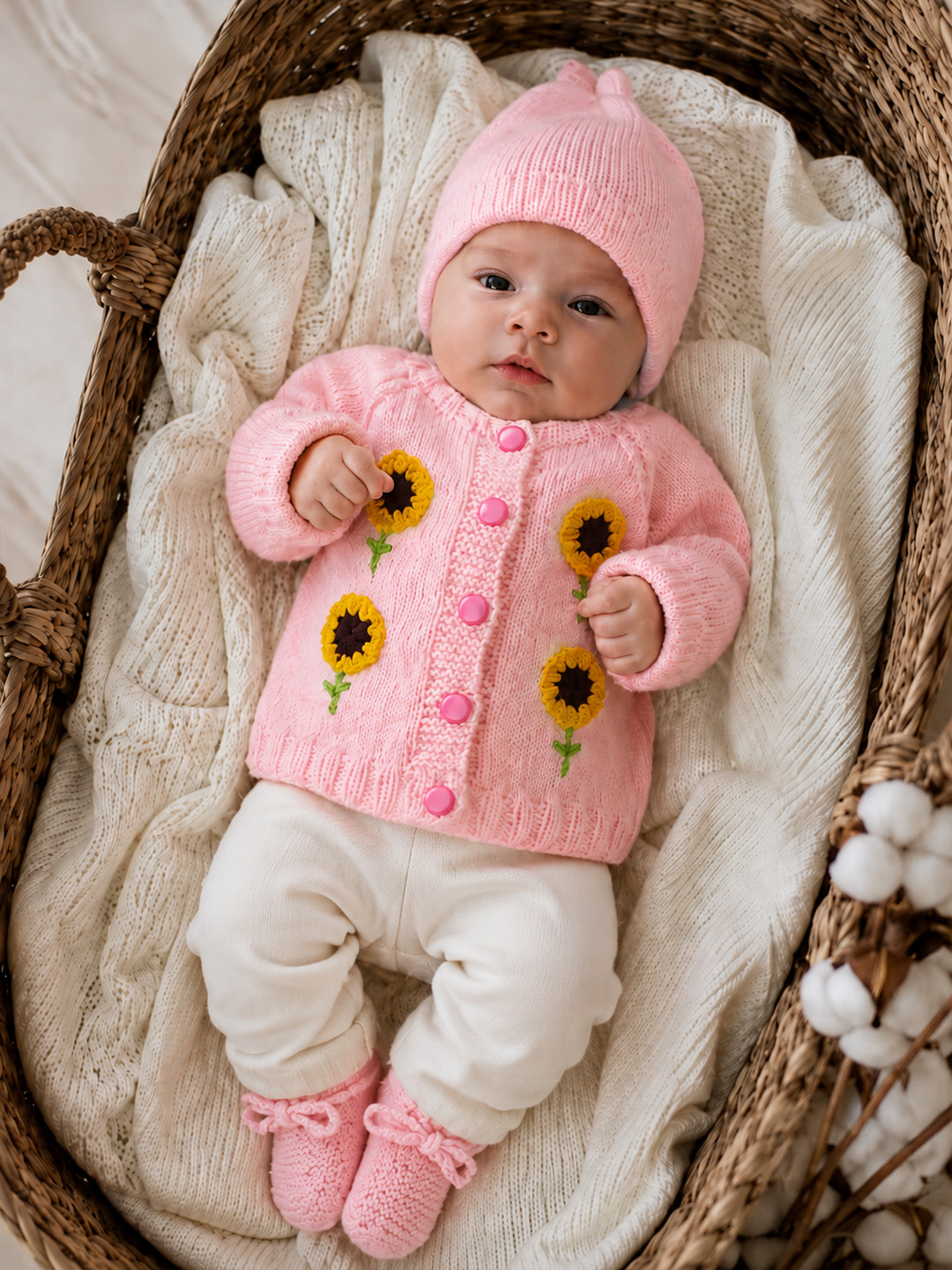 Woonie Handknitted Full Sleeves Sunflower Applique Detailed Cardigan with Cap & socks - Pink