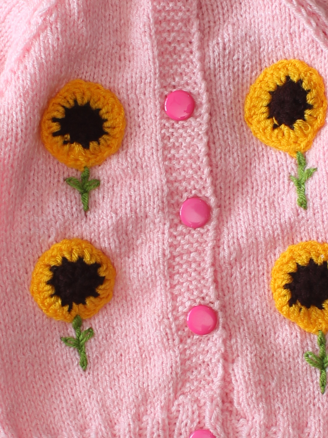 Woonie Handknitted Full Sleeves Sunflower Applique Detailed Cardigan with Cap & socks - Pink