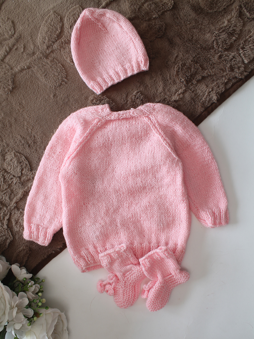 Woonie Handknitted Full Sleeves Sunflower Applique Detailed Cardigan with Cap & socks - Pink