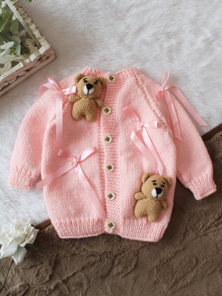 Image of Woonie Handknitted Full Sleeves 3D Teddy Applique Detailed Cardigan - Pink