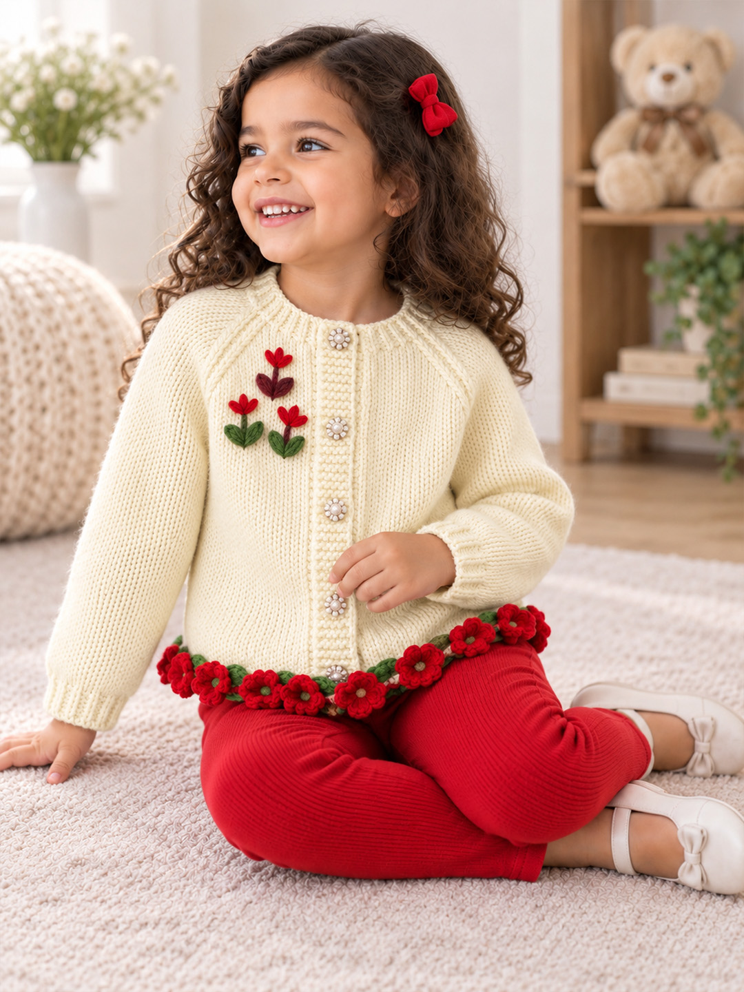 Woonie Handknitted Full Sleeves Floral Embroidered Cardigan - Cream