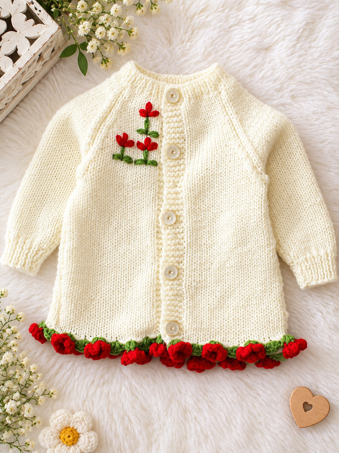 Woonie Handknitted Full Sleeves Floral Embroidered Cardigan - Cream