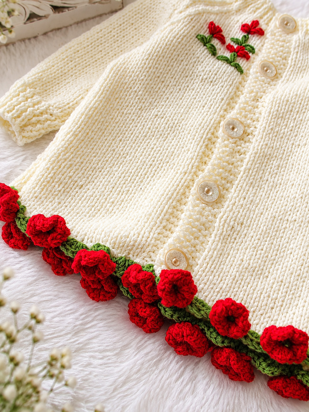 Woonie Handknitted Full Sleeves Floral Embroidered Cardigan - Cream