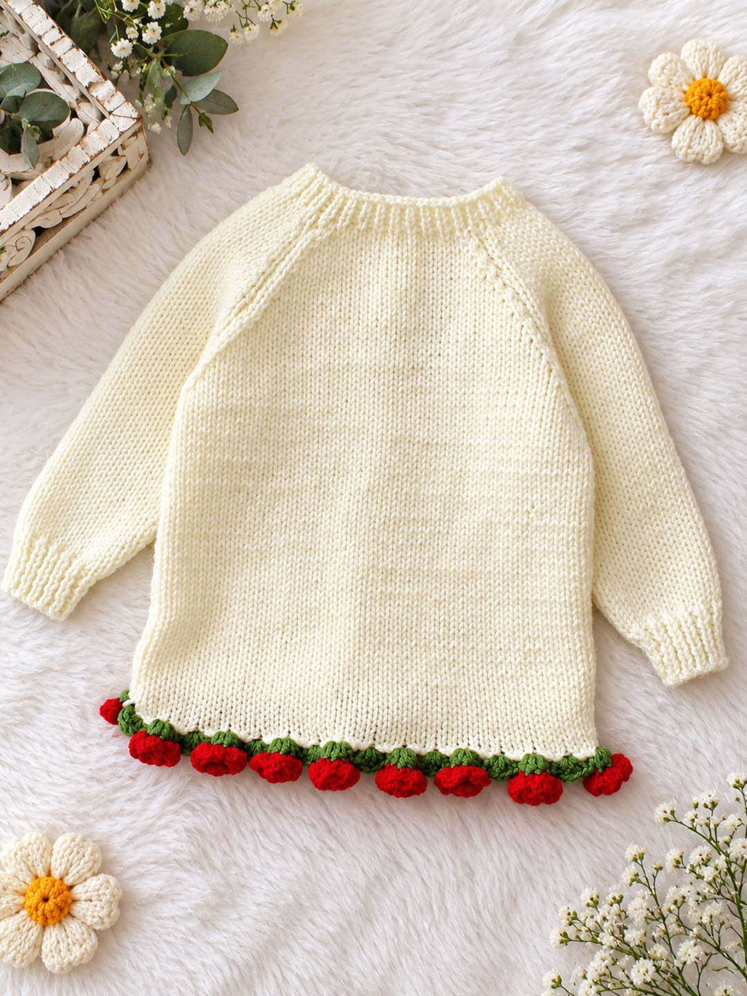 Woonie Handknitted Full Sleeves Floral Embroidered Cardigan - Cream