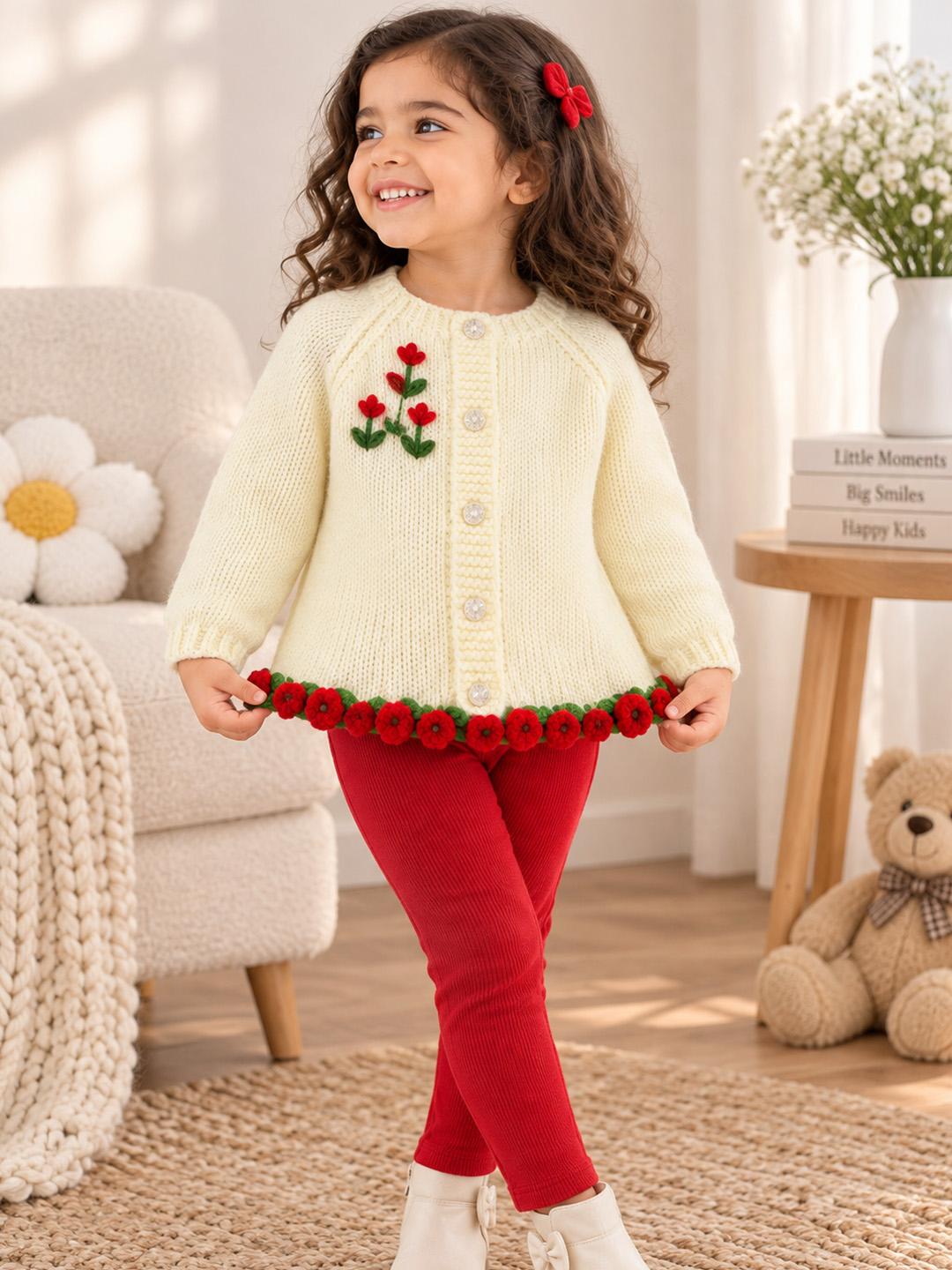 Woonie Handknitted Full Sleeves Floral Embroidered Cardigan - Cream
