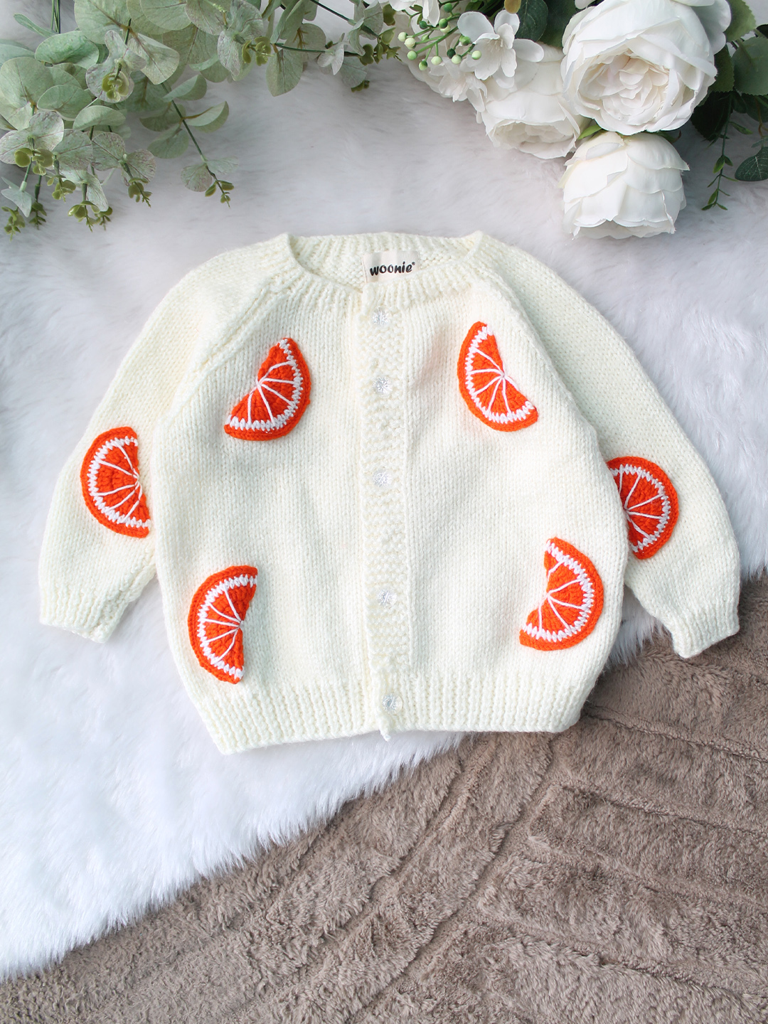 Woonie Handknitted Full Sleeves Orange Slice Applique Cardigan - Cream