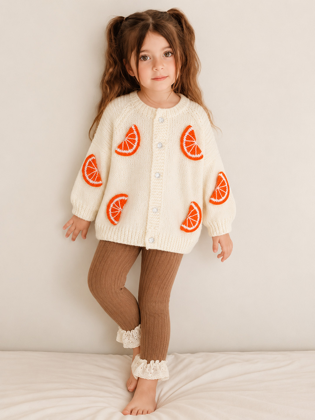 Woonie Handknitted Full Sleeves Orange Slice Applique Cardigan - Cream