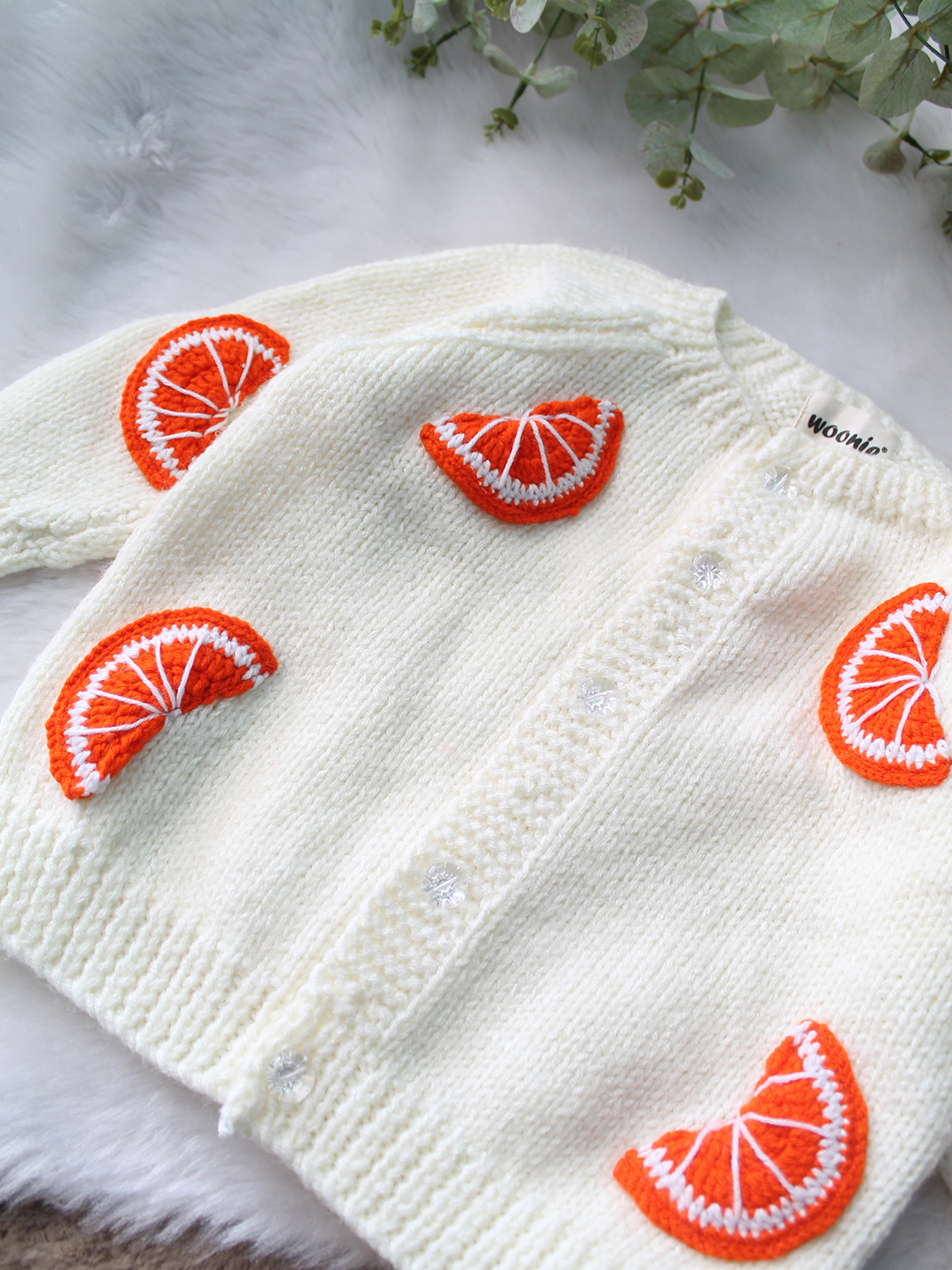 Woonie Handknitted Full Sleeves Orange Slice Applique Cardigan - Cream