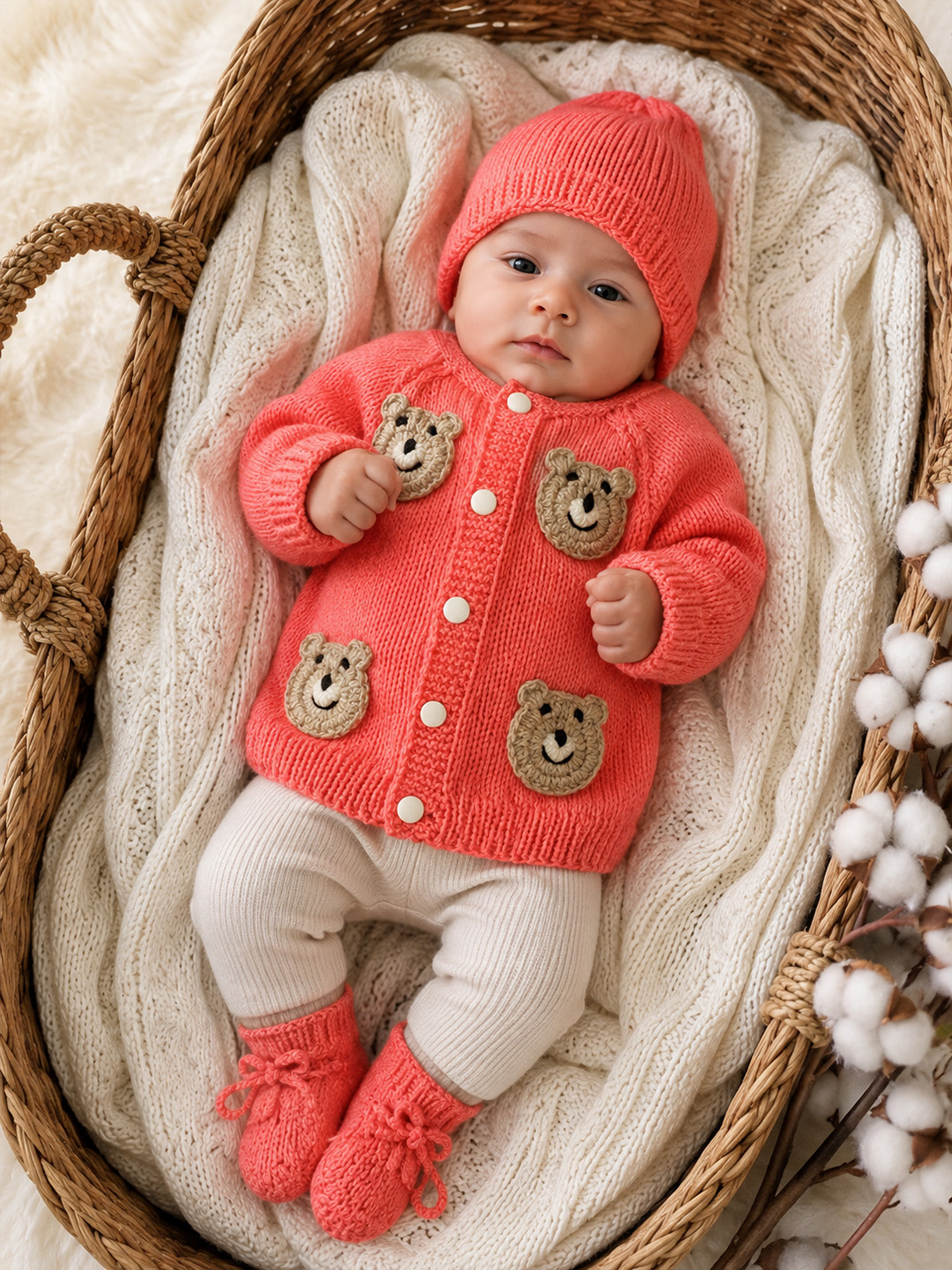 Woonie Handknitted Full Sleeves Bear Face Applique Cardigan with Cap & Socks - Coral
