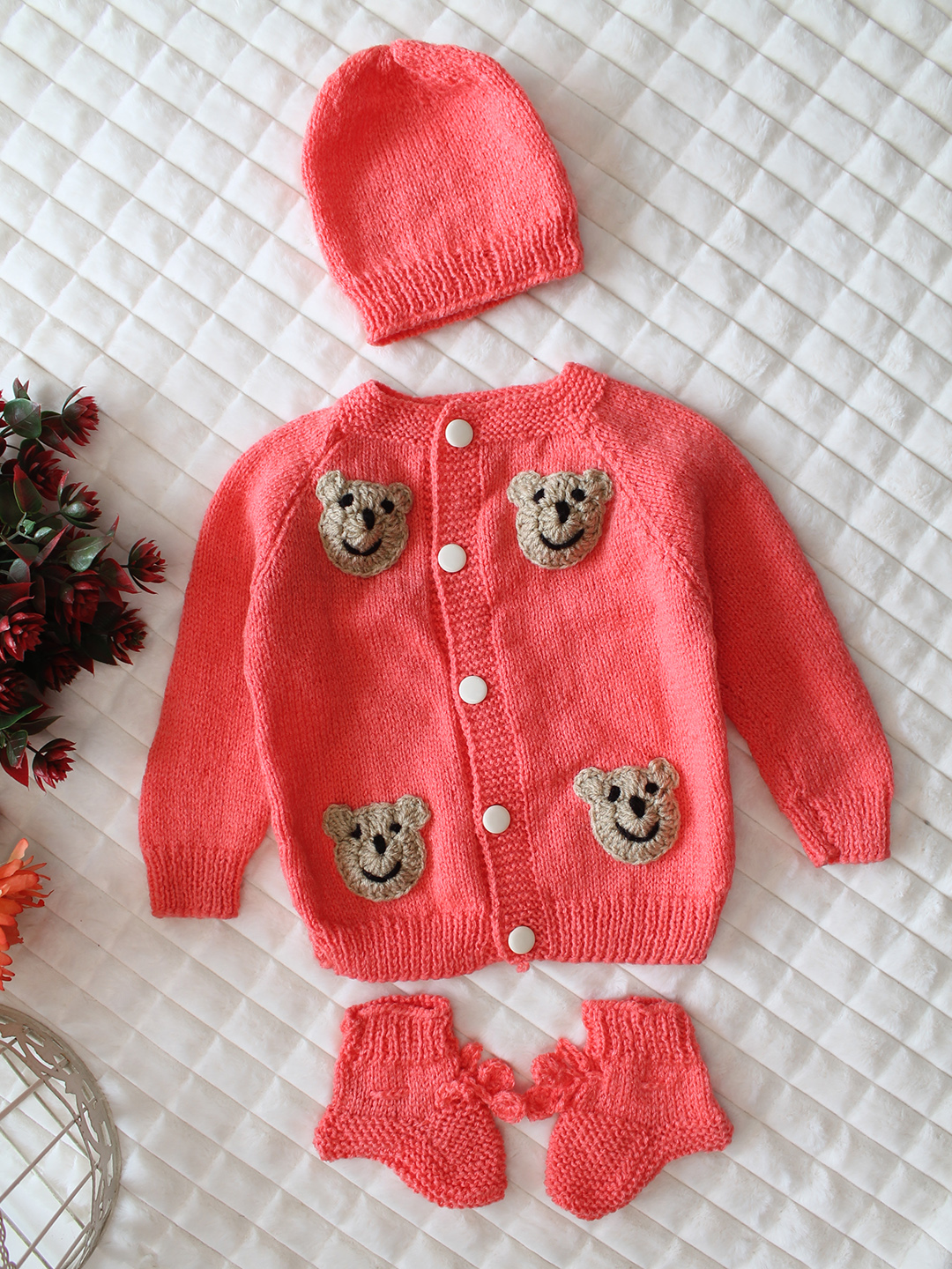 Woonie Handknitted Full Sleeves Bear Face Applique Cardigan with Cap & Socks - Coral