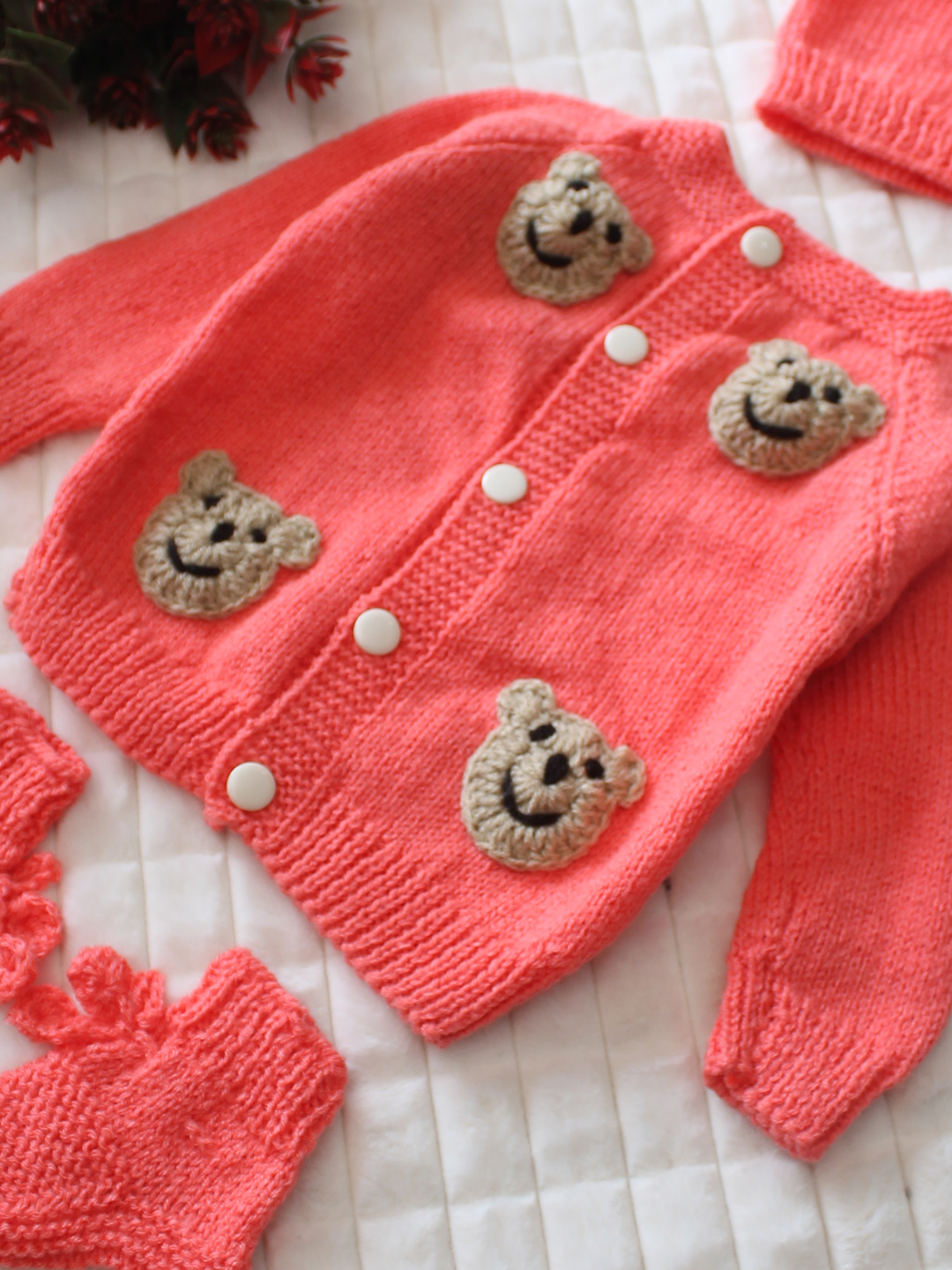 Woonie Handknitted Full Sleeves Bear Face Applique Cardigan with Cap & Socks - Coral