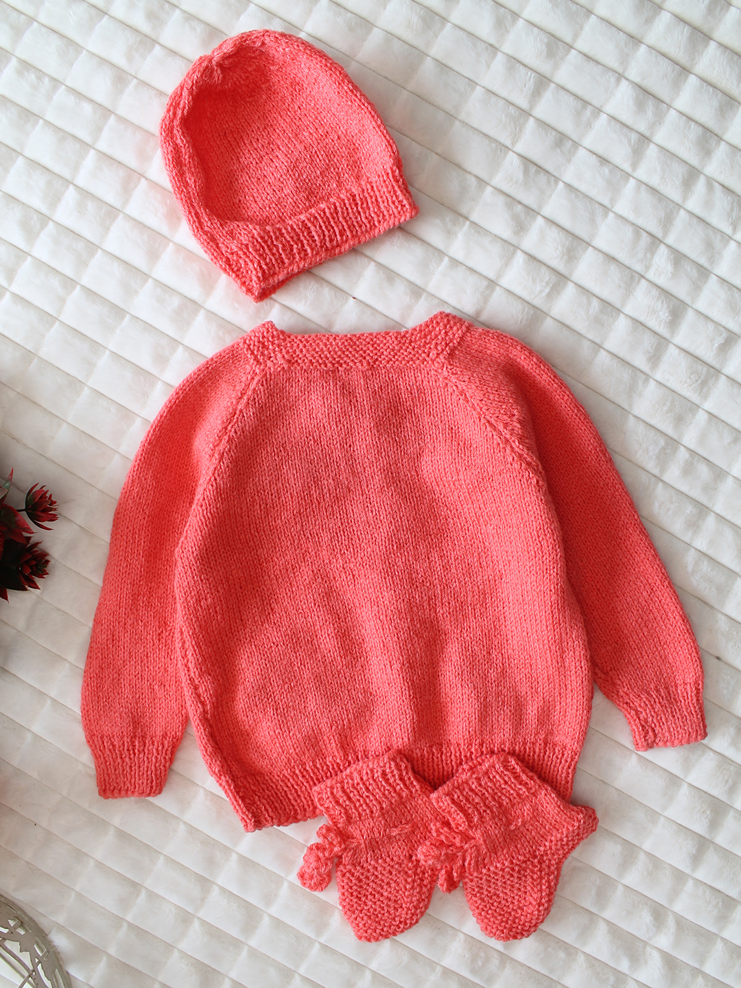 Woonie Handknitted Full Sleeves Bear Face Applique Cardigan with Cap & Socks - Coral