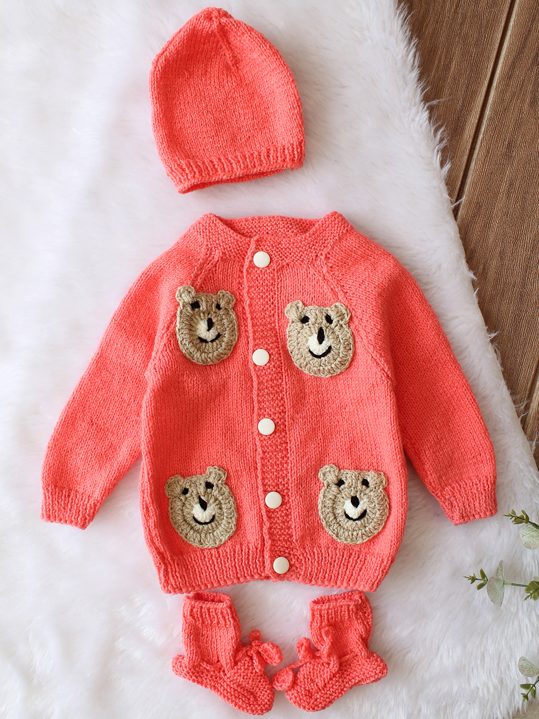 Woonie Handknitted Full Sleeves Bear Face Applique Cardigan with Cap & Socks - Coral