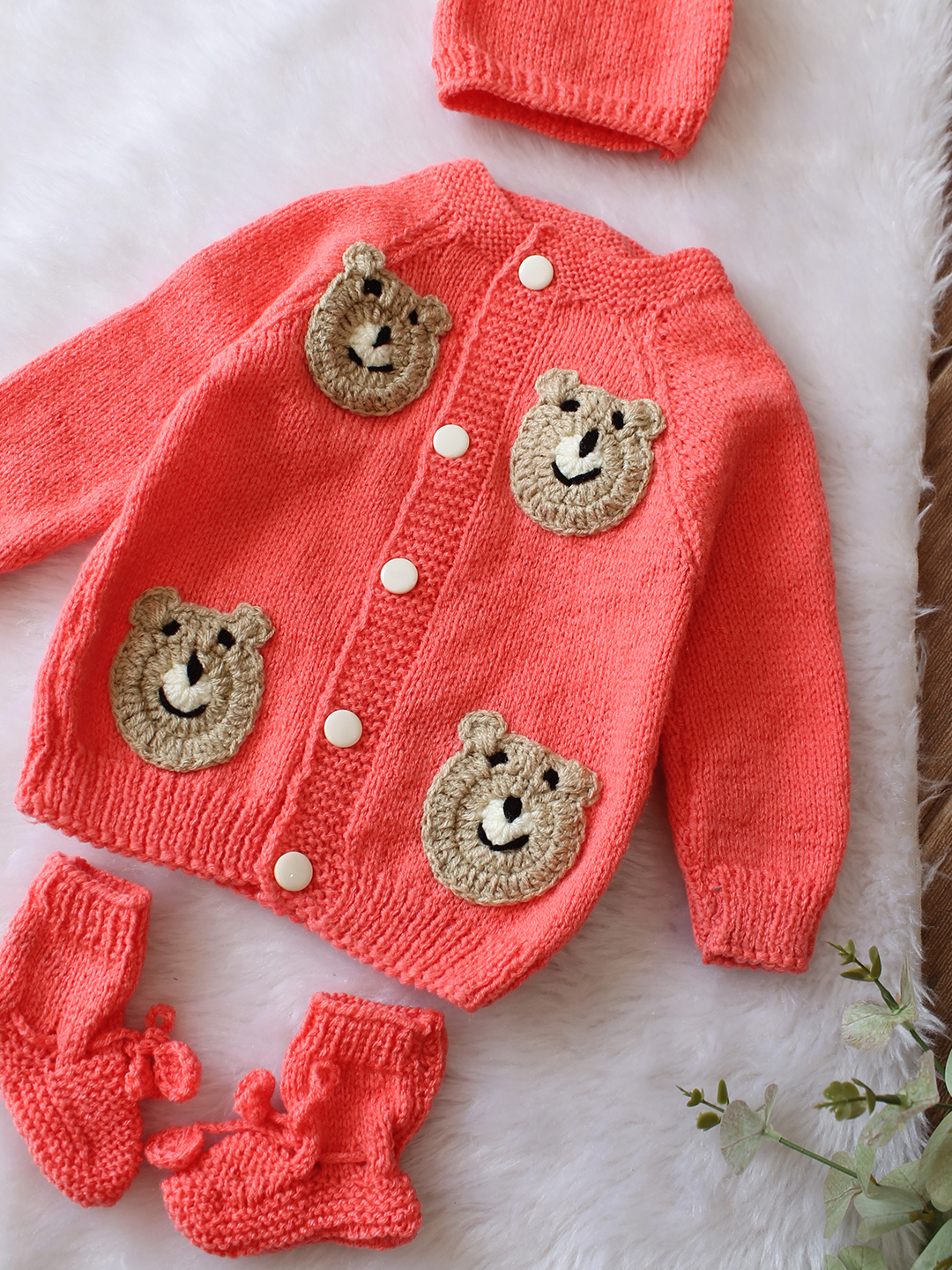 Woonie Handknitted Full Sleeves Bear Face Applique Cardigan with Cap & Socks - Coral