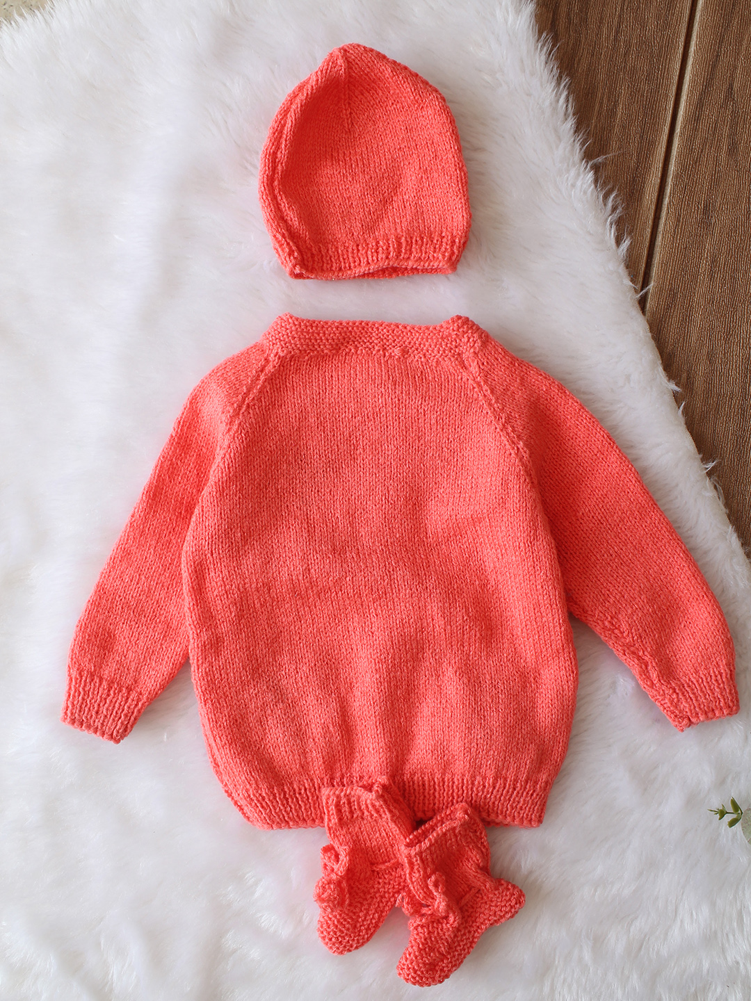 Woonie Handknitted Full Sleeves Bear Face Applique Cardigan with Cap & Socks - Coral