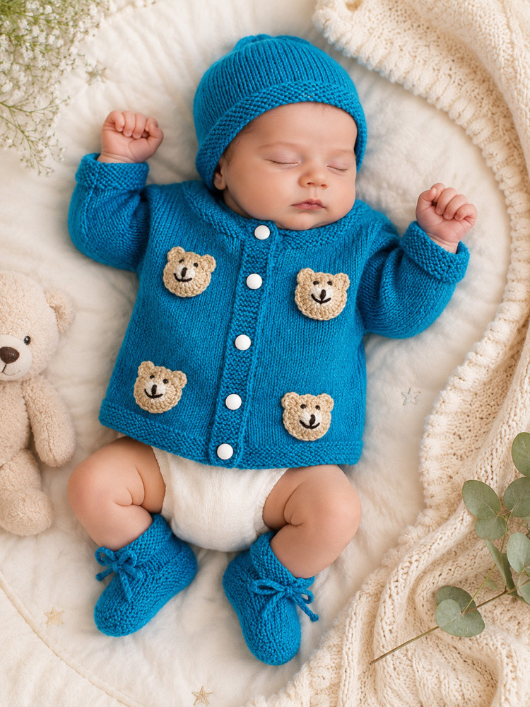 Image of Woonie Handknitted Full Sleeves Bear Face Applique Cardigan with Cap &amp; Socks - Blue