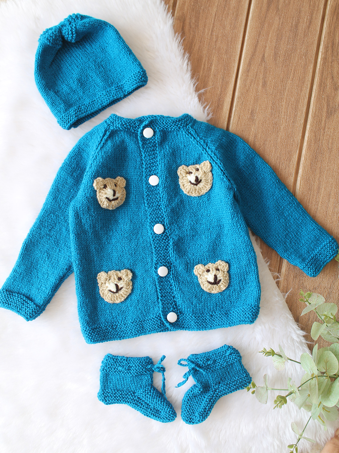 Woonie Handknitted Full Sleeves Bear Face Applique Cardigan with Cap & Socks - Blue