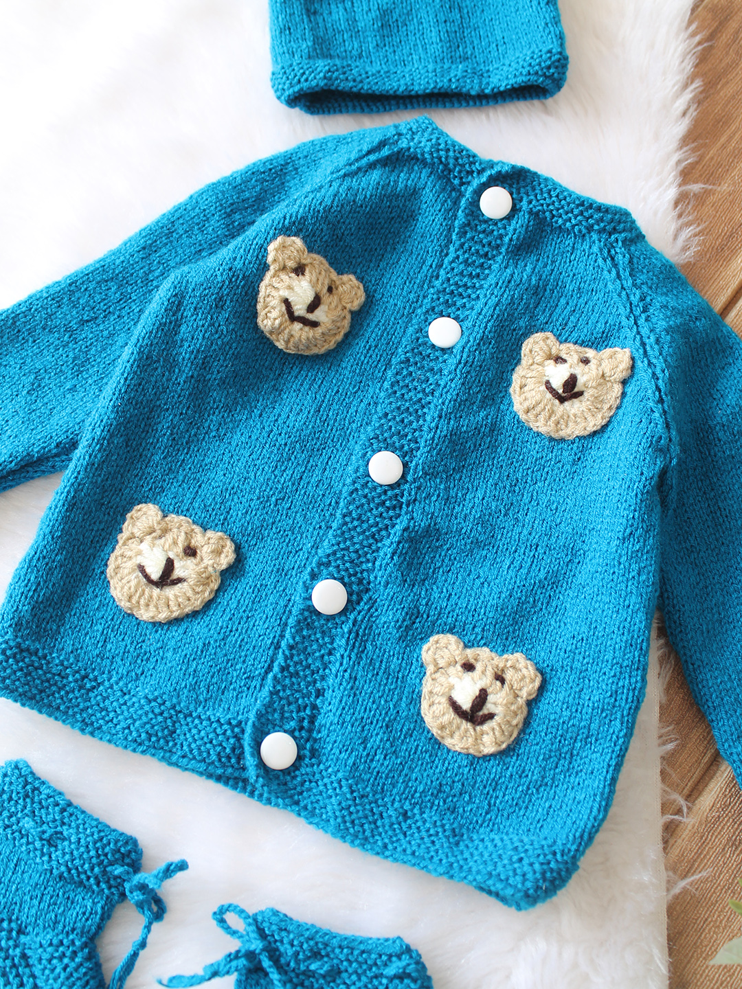 Woonie Handknitted Full Sleeves Bear Face Applique Cardigan with Cap & Socks - Blue