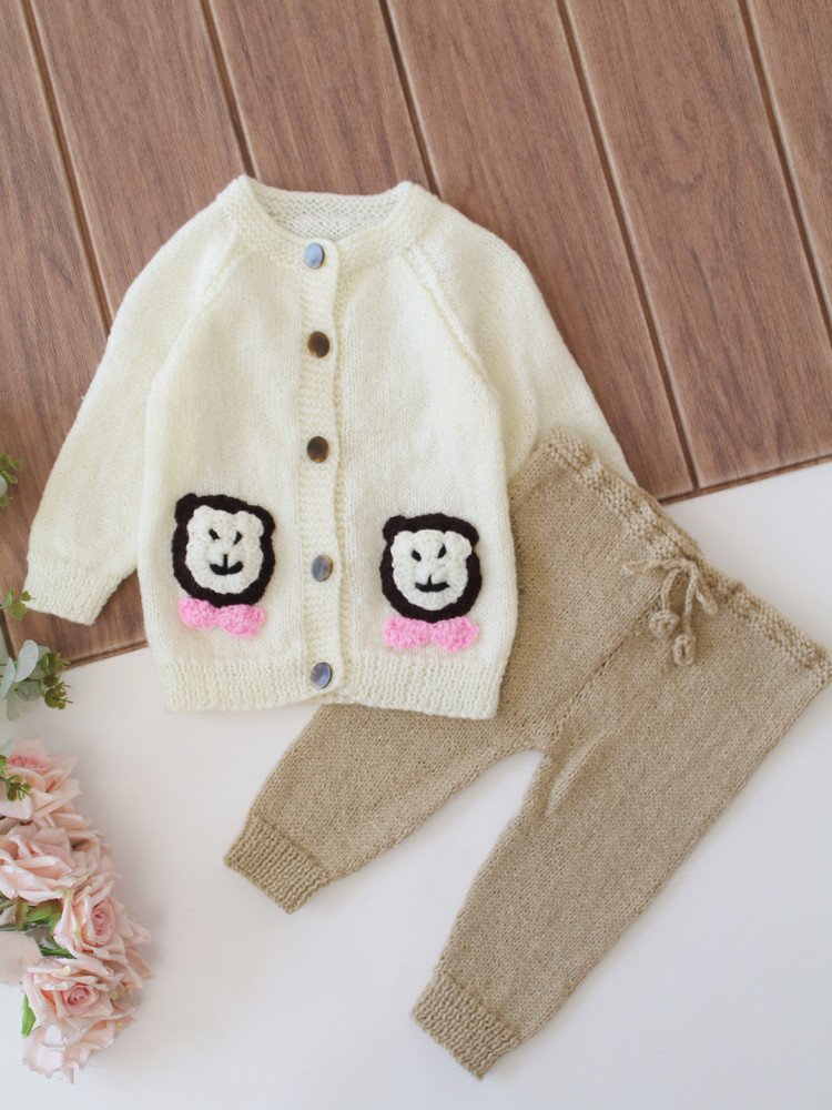 Image of Woonie Knitted Bear Applique Detailed Sweater with Pant Set - Cream