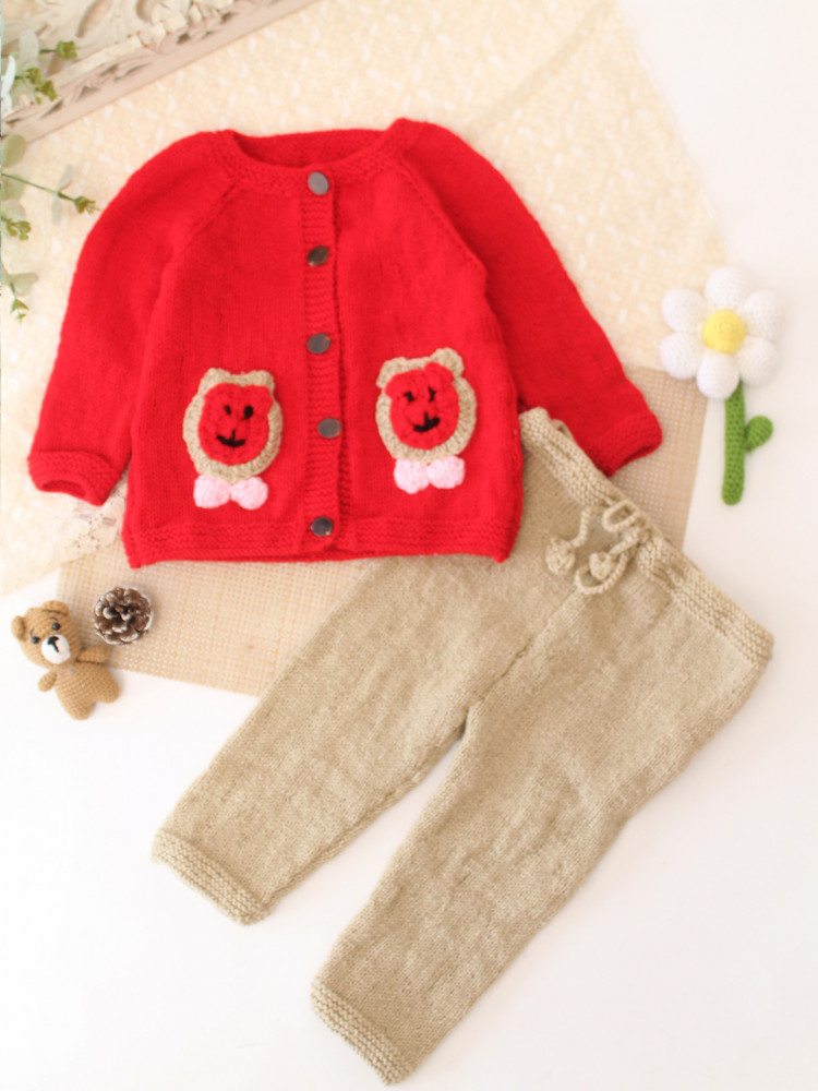 Image of Woonie Knitted Bear Applique Detailed Sweater with Pant Set - Red