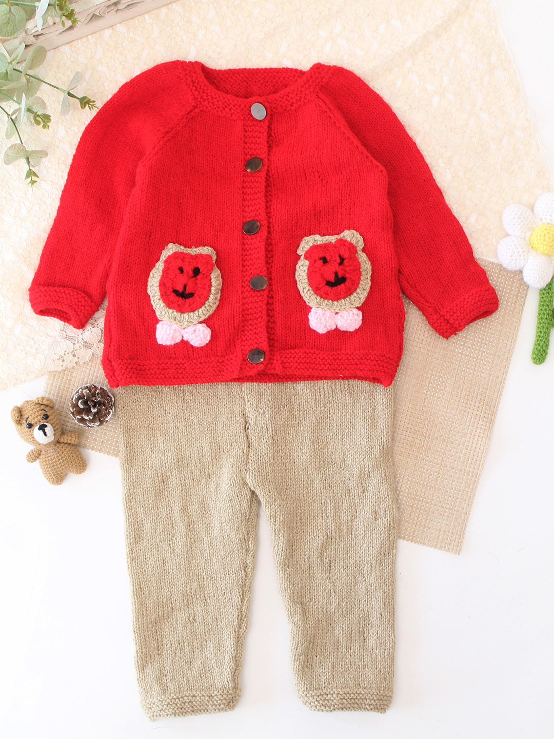 Woonie Knitted Bear Applique Detailed Sweater with Pant Set - Red
