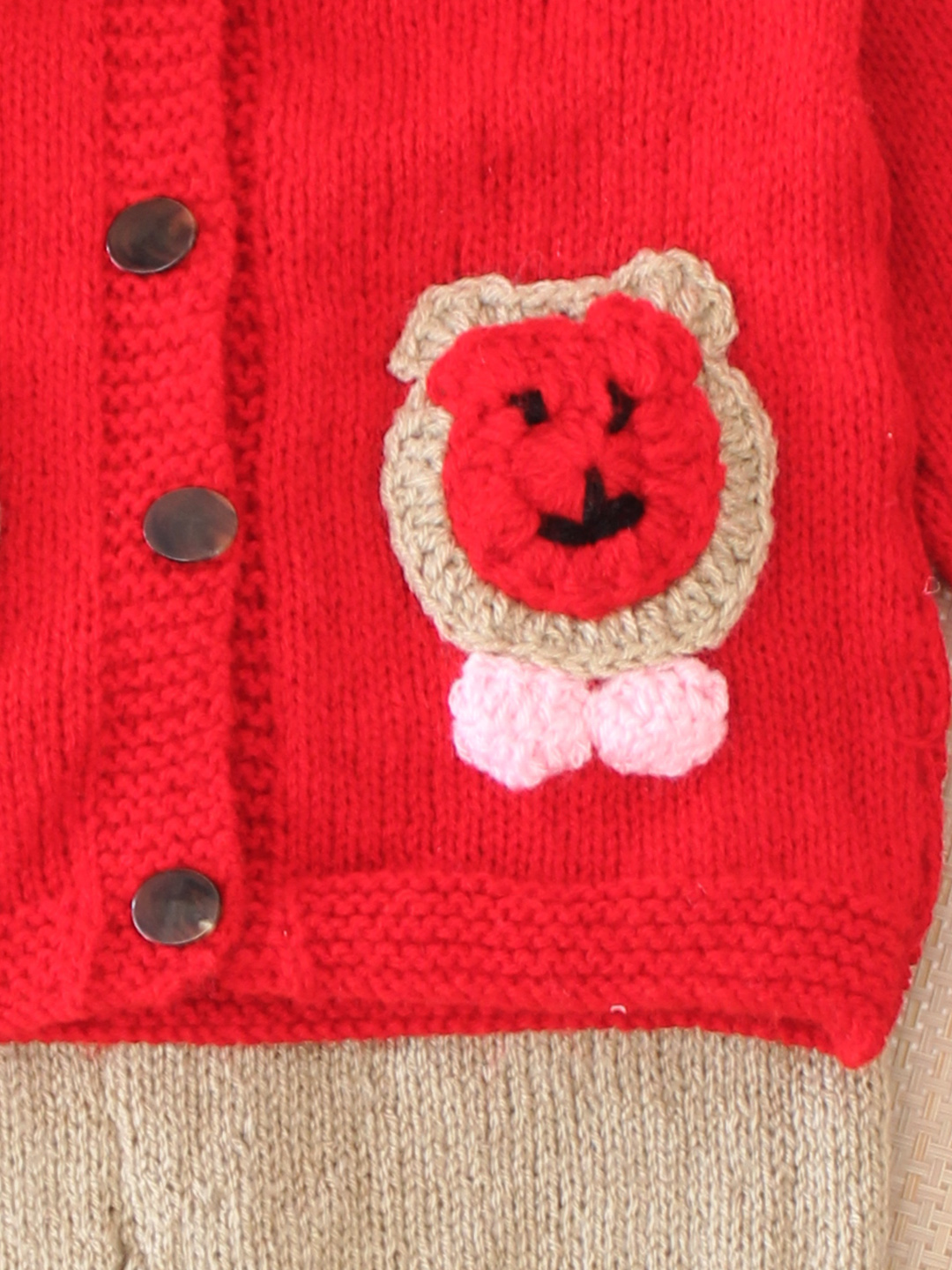 Woonie Knitted Bear Applique Detailed Sweater with Pant Set - Red