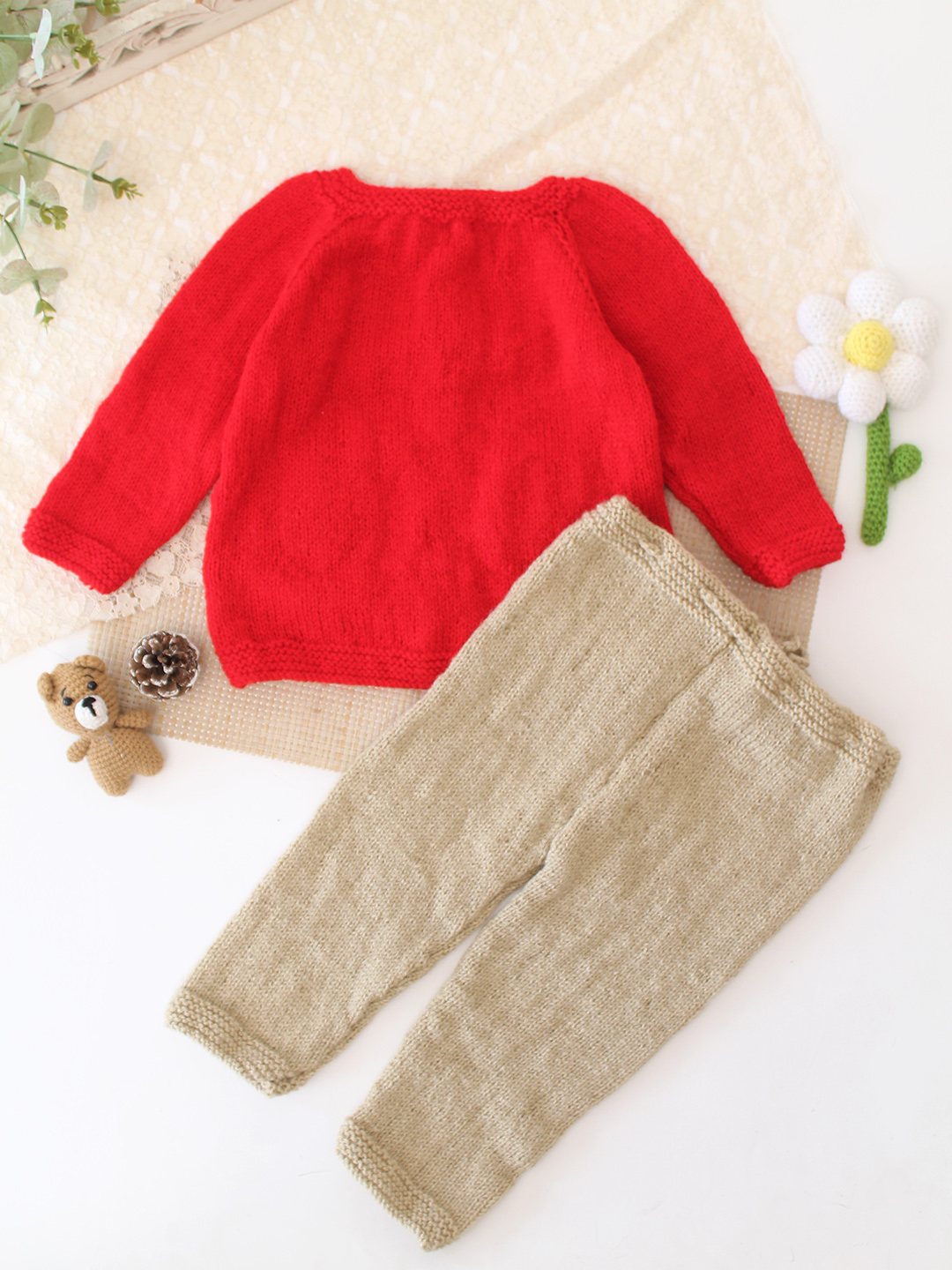 Woonie Knitted Bear Applique Detailed Sweater with Pant Set - Red