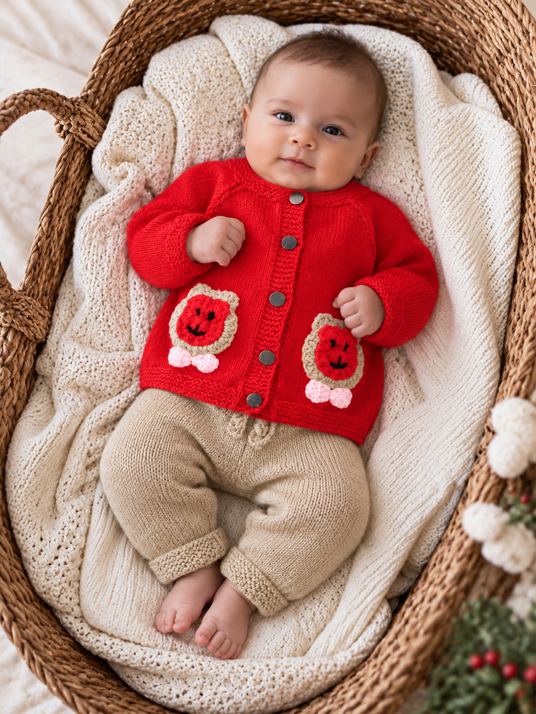 Woonie Knitted Bear Applique Detailed Sweater with Pant Set - Red