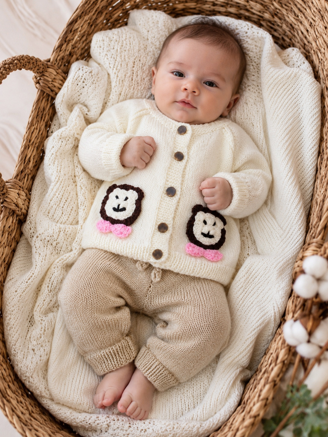 Woonie Knitted Bear Applique Detailed Sweater with Pant Set - Cream