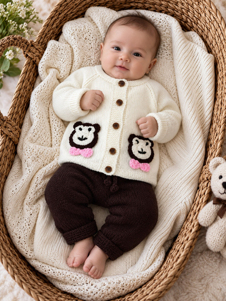 Image of Woonie Knitted Bear Applique Detailed Sweater with Pant Set - Cream