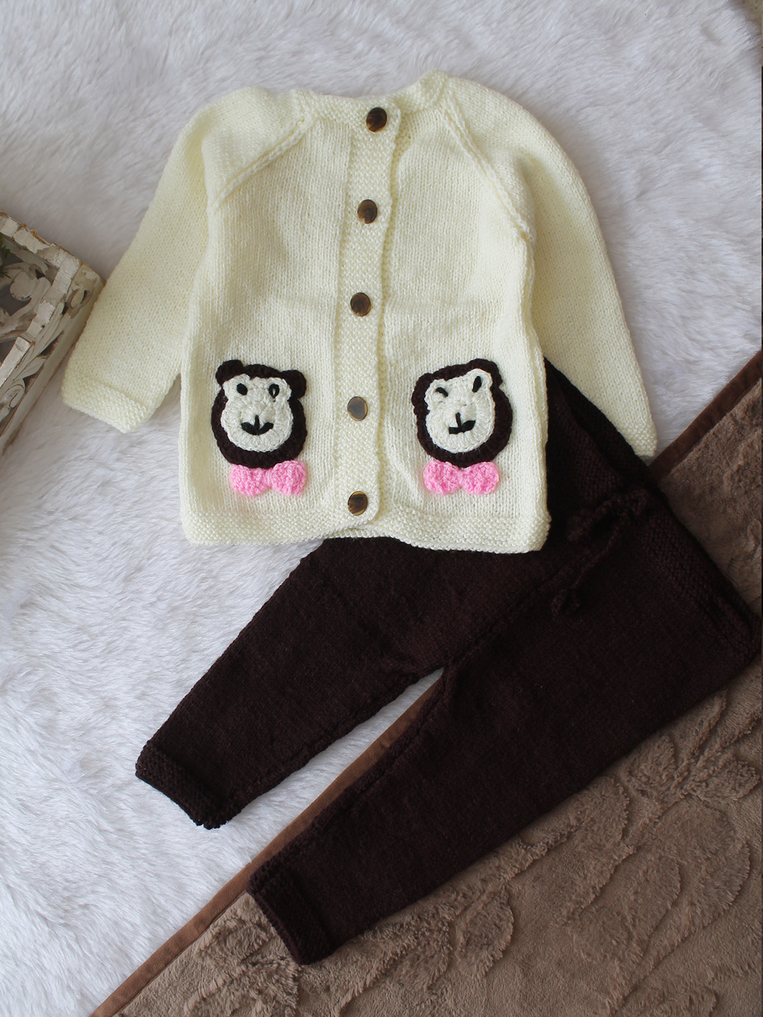 Woonie Knitted Bear Applique Detailed Sweater with Pant Set - Cream