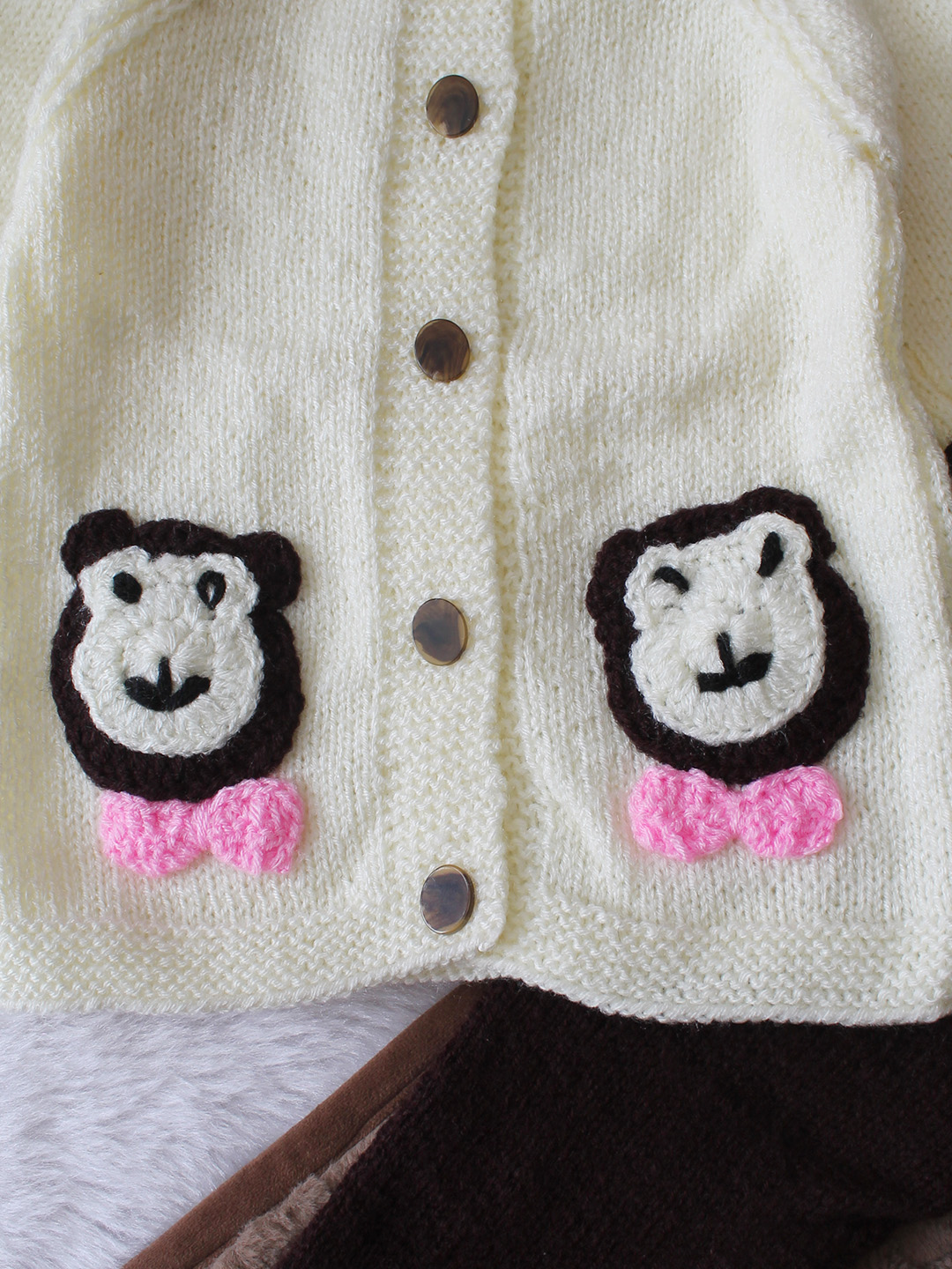 Woonie Knitted Bear Applique Detailed Sweater with Pant Set - Cream