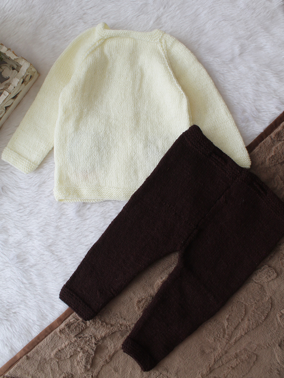Woonie Knitted Bear Applique Detailed Sweater with Pant Set - Cream