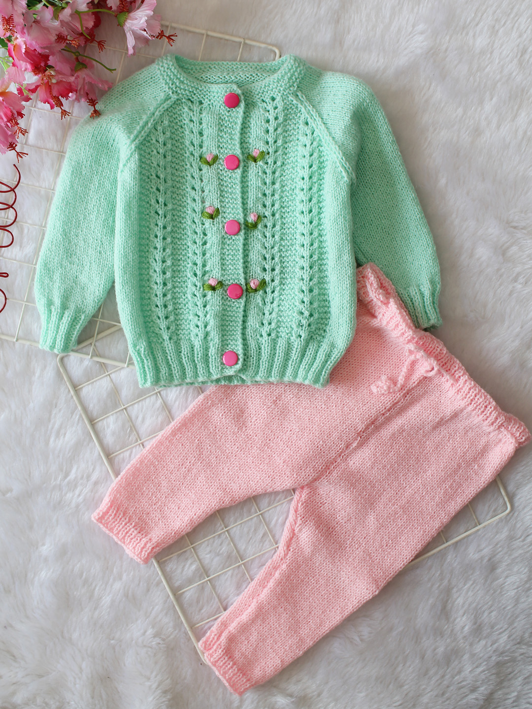 Woonie Knitted Floral Embroidered Sweater with Pant Set - Green