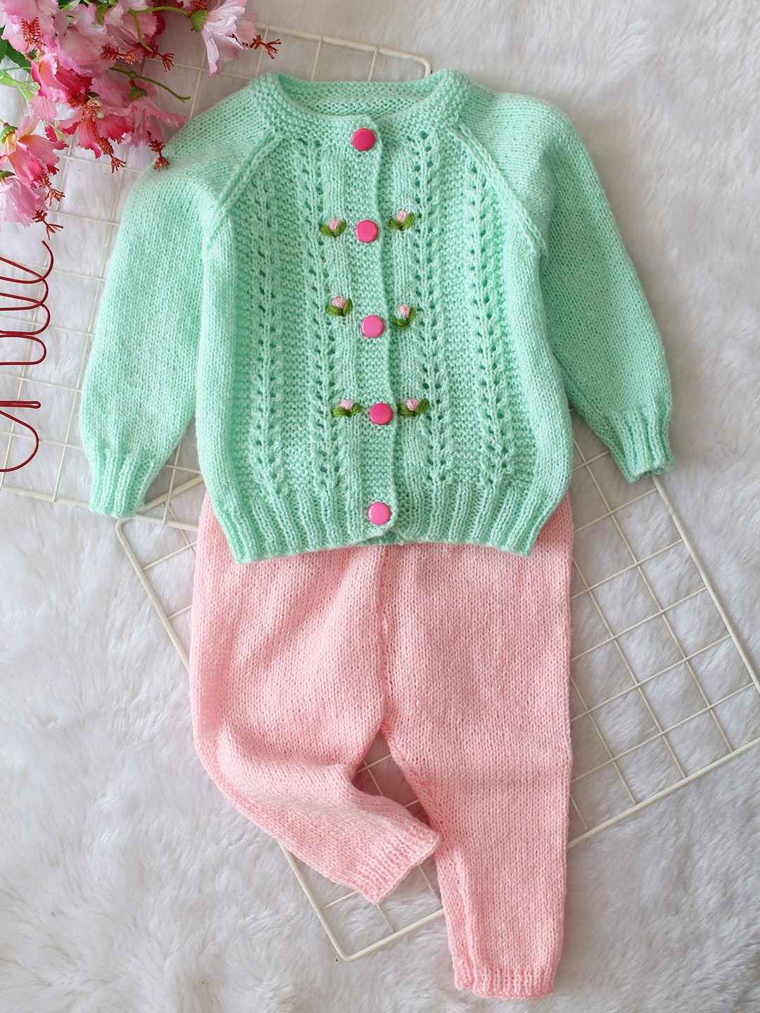 Woonie Knitted Floral Embroidered Sweater with Pant Set - Green