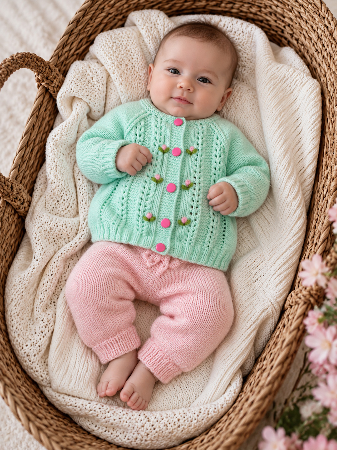 Woonie Knitted Floral Embroidered Sweater with Pant Set - Green