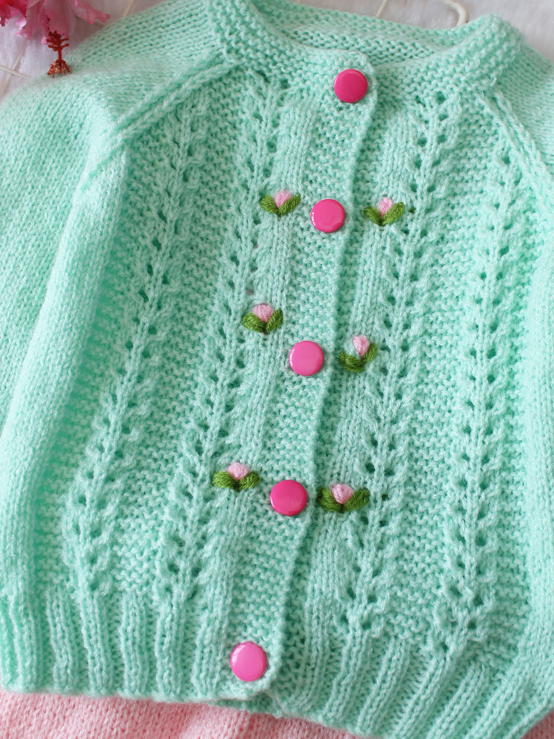 Woonie Knitted Floral Embroidered Sweater with Pant Set - Green