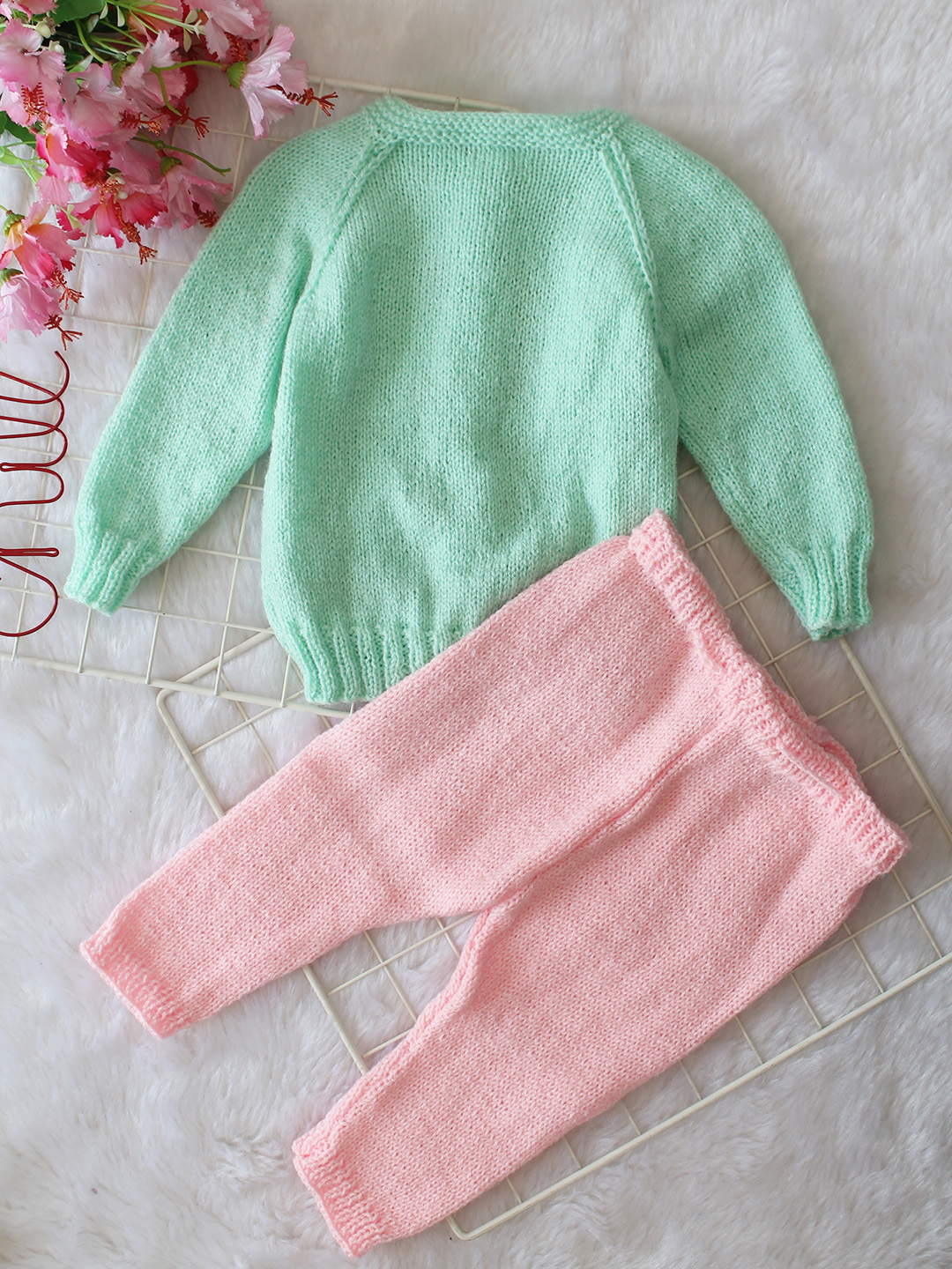 Woonie Knitted Floral Embroidered Sweater with Pant Set - Green