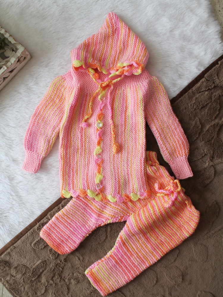 Image of Woonie Knitted Hooded Sweater with Pant Set - Multicolor