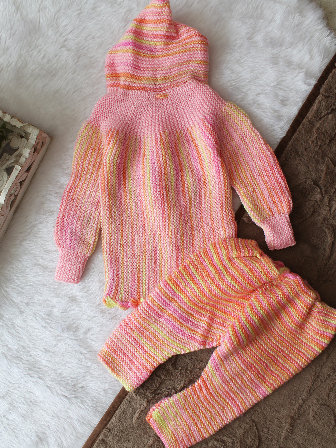 Woonie Knitted Hooded Sweater with Pant Set - Multicolor
