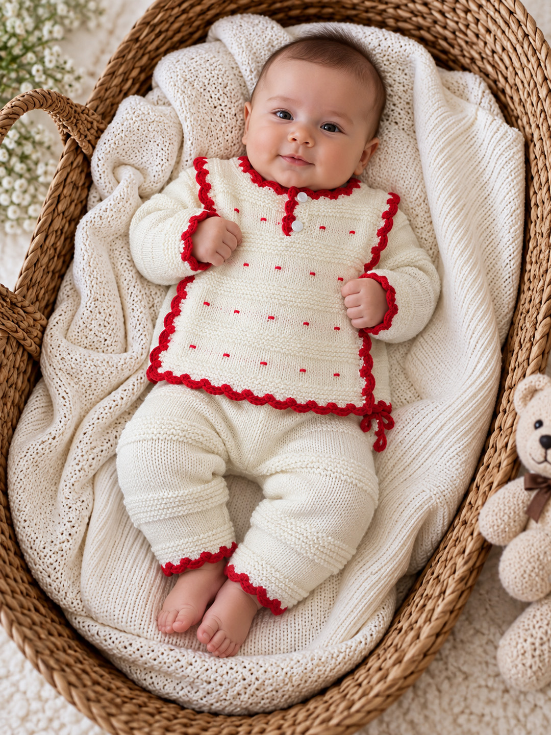 Woonie Knitted Embroidered Sweater with Pant Set - Cream