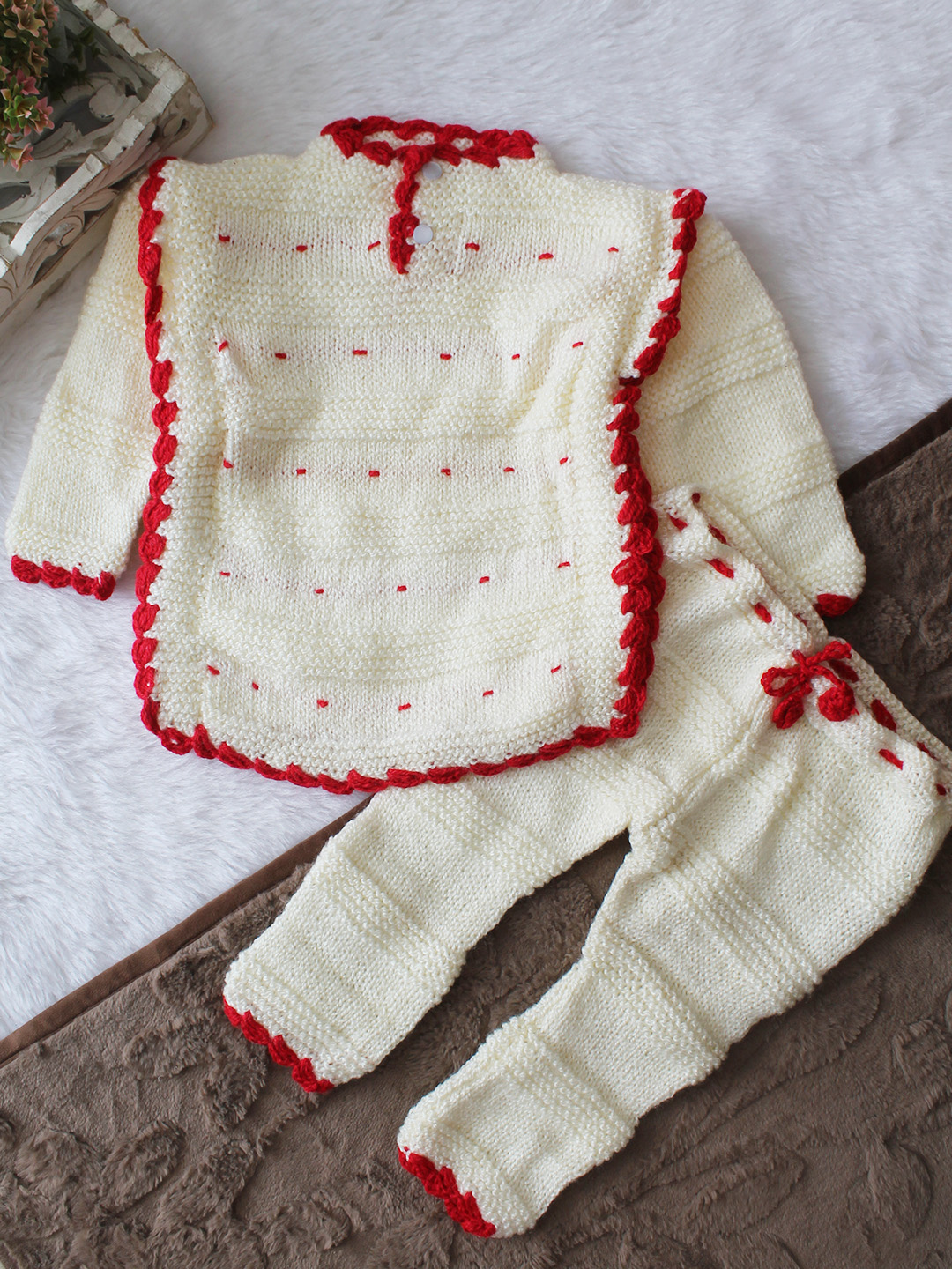Woonie Knitted Embroidered Sweater with Pant Set - Cream