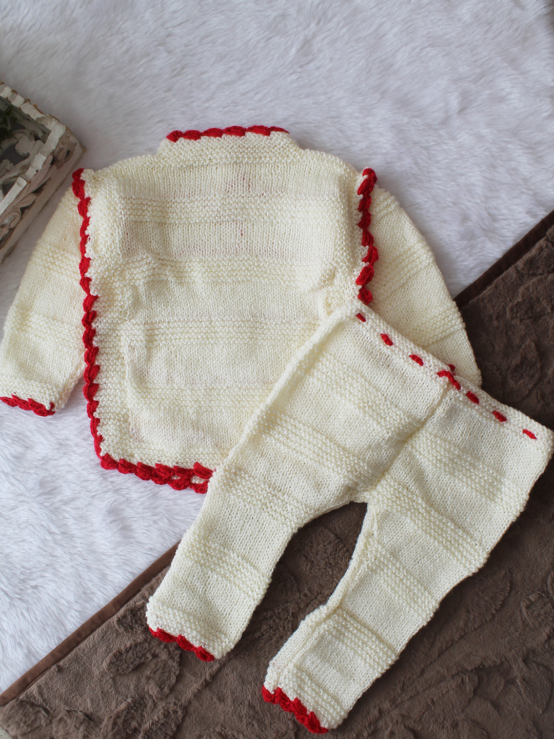 Woonie Knitted Embroidered Sweater with Pant Set - Cream